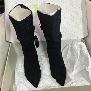 Thalia Sodi Black Rhinestone wide calf Heeled Boots